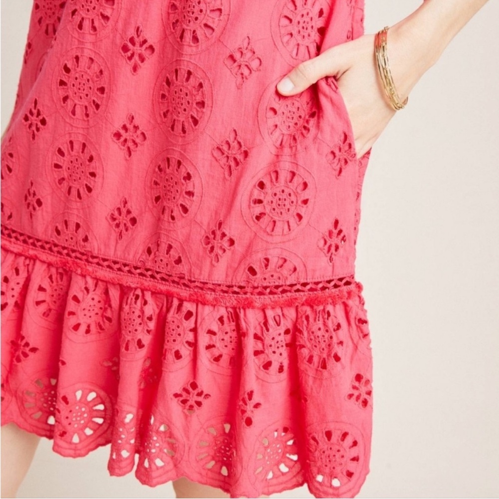 NWOT Anthropologie Dani Pink Eyelet Mini‎ Tassle Tunic Silhouette Dress Beaded - Picture 4 of 7